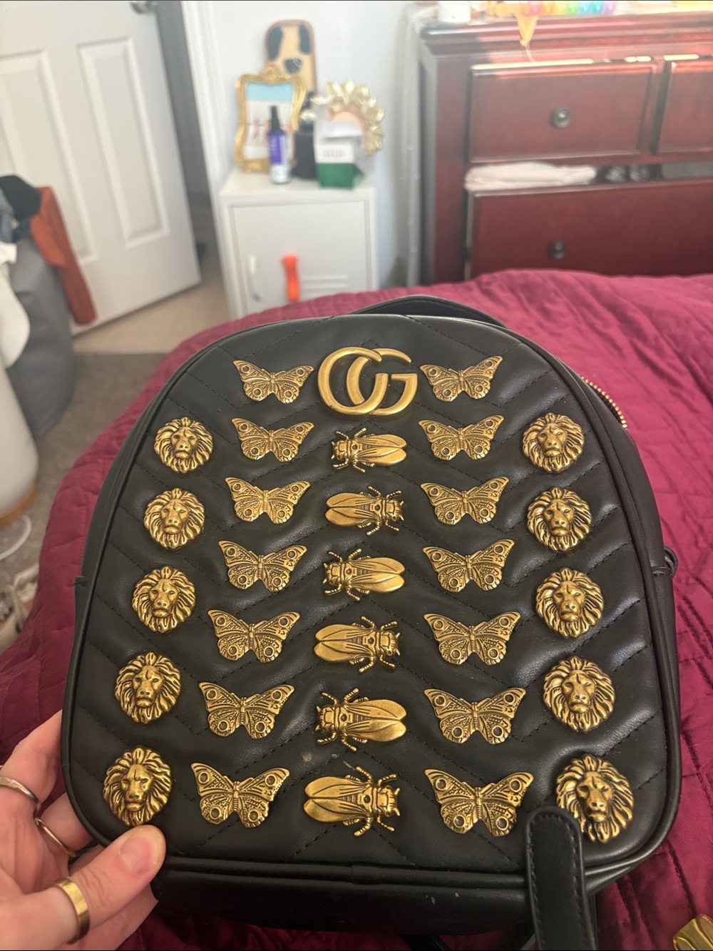 Black Quilted Mini Backpack with Gold Hardware